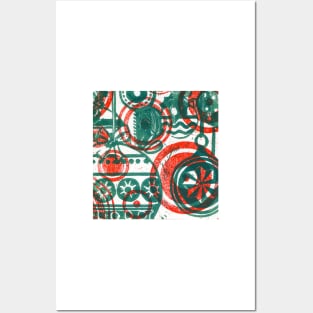 Xmas Baubles 14 -red and green  lino print Posters and Art